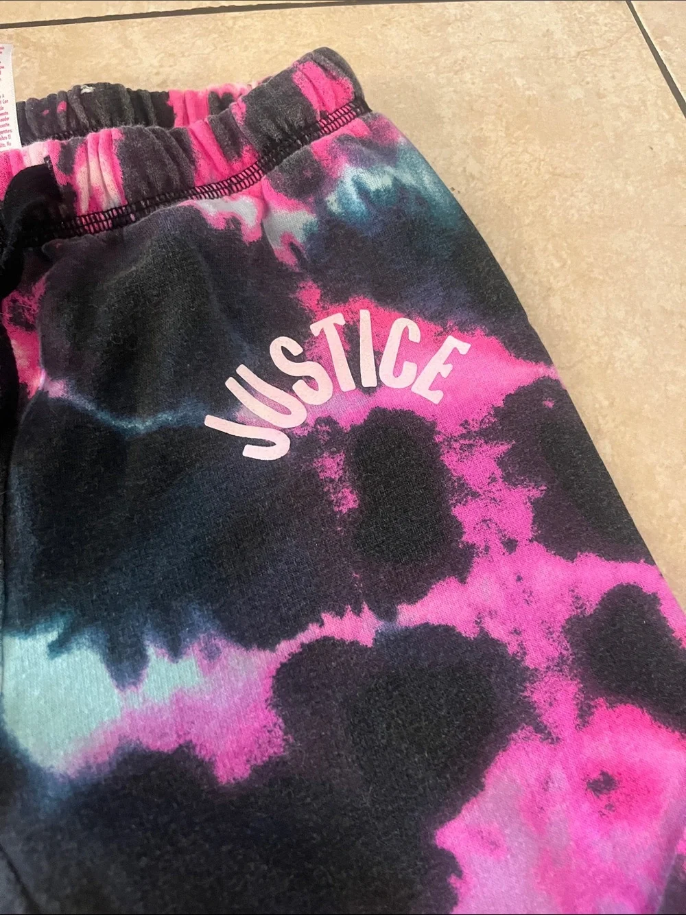 Justice Black Tie-Dye Fleece Joggers with Pink & Teal Accents